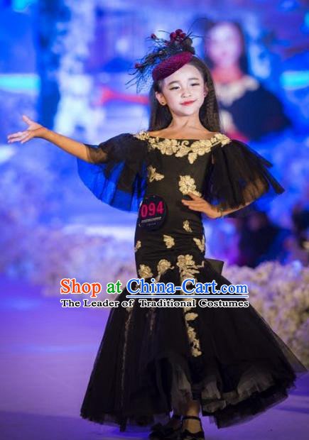 Children Models Show Costume Stage Performance Catwalks Compere Black Veil Mermaid Dress for Kids