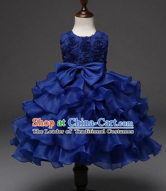 Top Grade Children Catwalks Costume Princess Stage Performance Bowknot Royalblue Bubble Dress for Kids