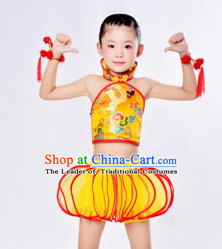 Top Grade Children Catwalks Costume Folk Dance Stage Performance Yellow Clothing for Kids