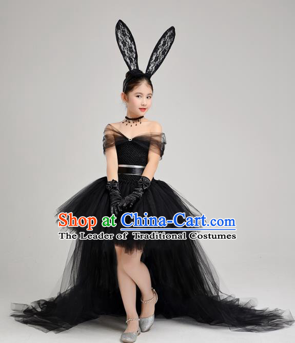 Top Grade Children Catwalks Costume Modern Dance Stage Performance Black Veil Trailing Dress for Kids