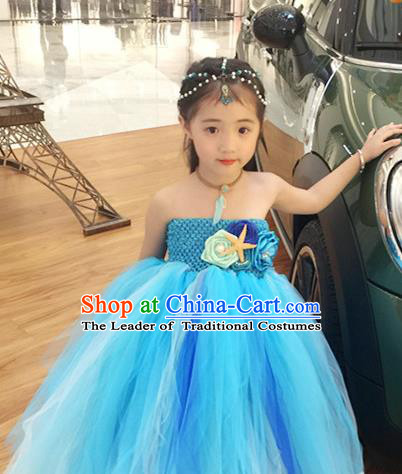 Top Grade Children Catwalks Costume Modern Dance Stage Performance Blue Veil Bubble Dress for Kids