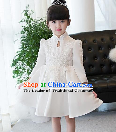 Top Grade Children Catwalks Costume Modern Dance Stage Performance White Lace Cheongsam Dress for Kids