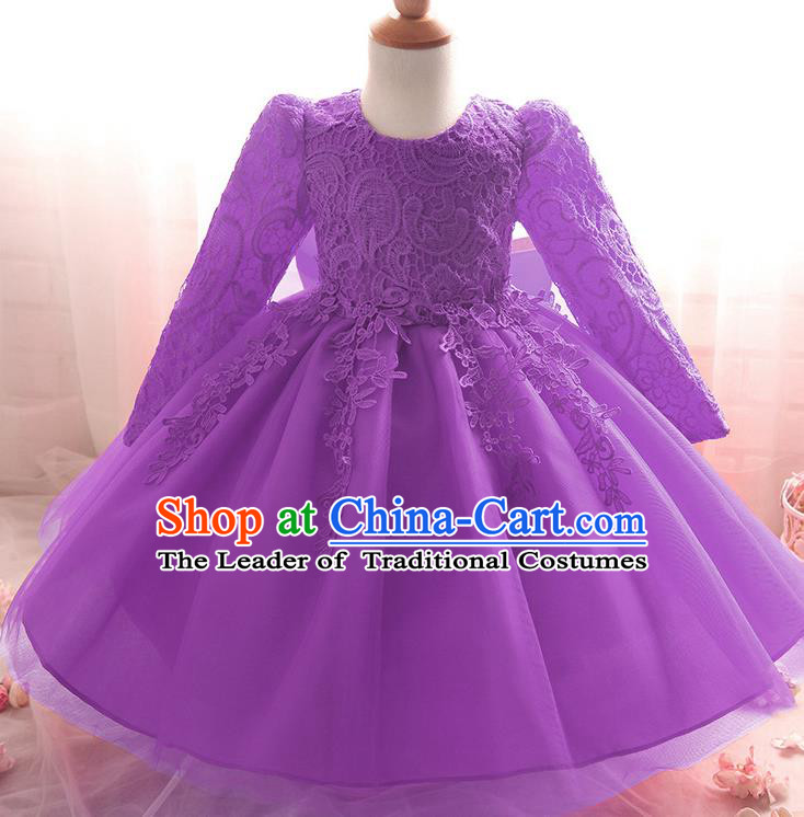 Top Grade Children Catwalks Costume Modern Dance Stage Performance Compere Purple Lace Dress for Kids