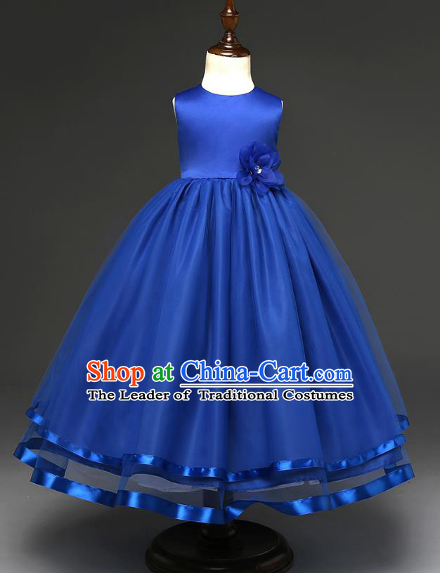 Top Grade Children Catwalks Costume Modern Dance Stage Performance Compere Royalblue Full Dress for Kids