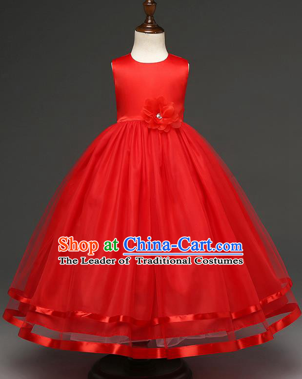 Top Grade Children Catwalks Costume Modern Dance Stage Performance Compere Red Full Dress for Kids