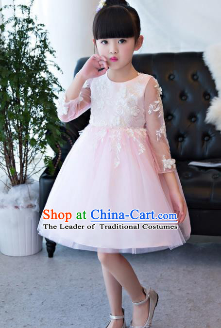 Children Catwalks Flower Fairy Costume Modern Dance Stage Performance Compere Pink Bubble Full Dress for Kids