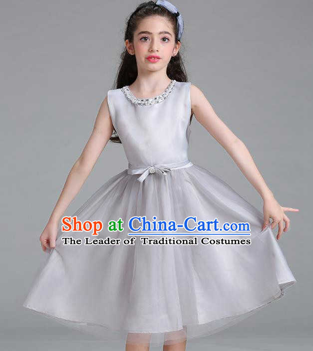 Children Models Show Compere Costume Stage Performance Catwalks Grey Veil Full Dress for Kids