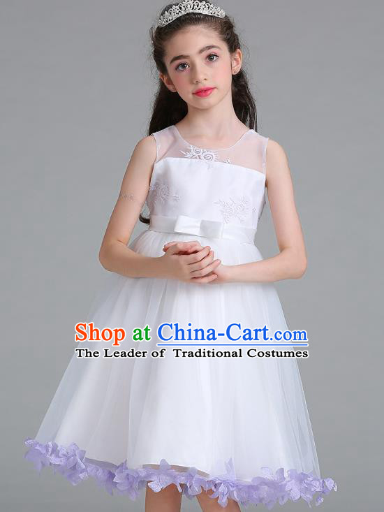 Children Models Show Compere Costume Stage Performance Girls Princess Purple Petals Full Dress for Kids