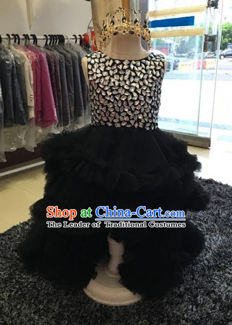 Children Models Show Compere Costume Girls Princess Crystal Black Dress Stage Performance Clothing for Kids