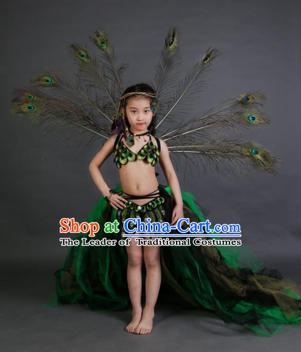Children Models Show Costume Catwalks Stage Performance Peacock Trailing Dress and Headwear for Kids