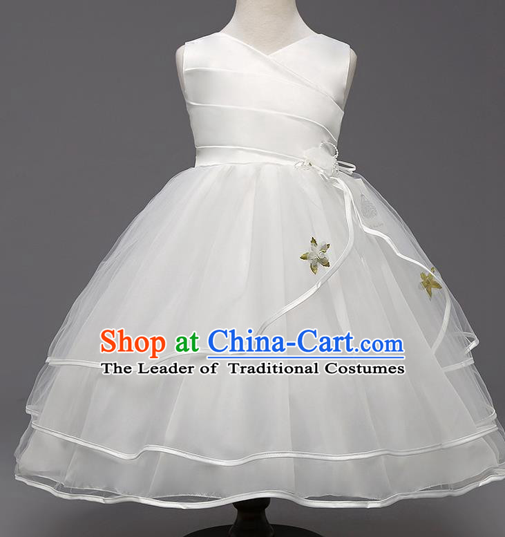 Children Flower Fairy Costume Compere Modern Dance Stage Performance Catwalks White Dress for Kids