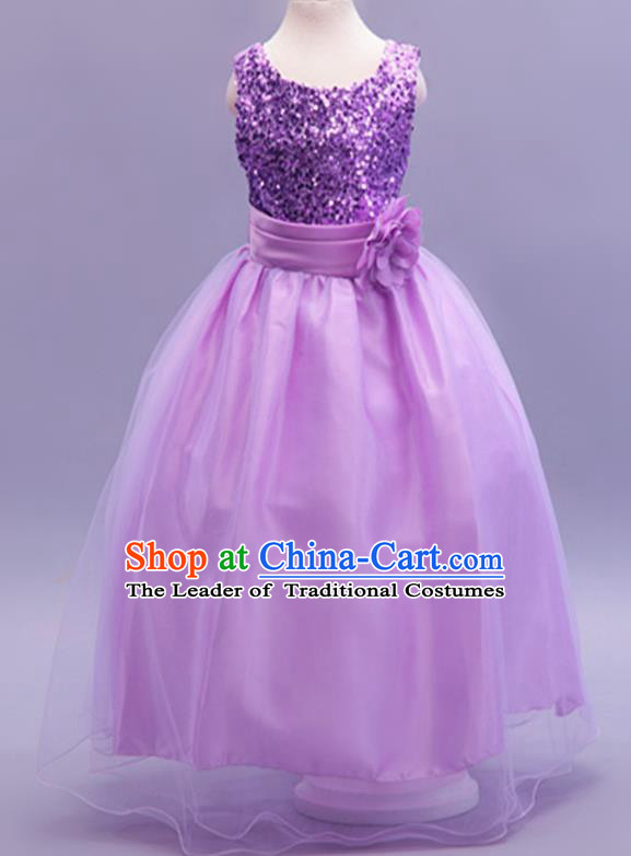 Children Modern Dance Purple Sequins Dress Stage Performance Catwalks Compere Costume for Kids