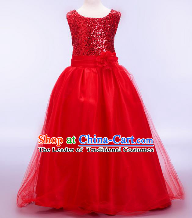 Children Modern Dance Red Sequins Dress Stage Performance Catwalks Compere Costume for Kids