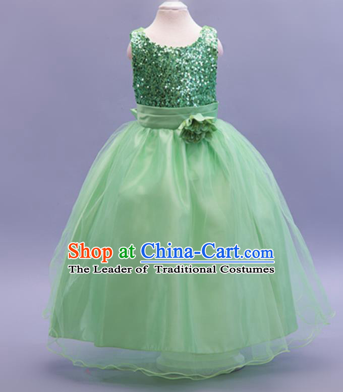 Children Modern Dance Green Sequins Dress Stage Performance Catwalks Compere Costume for Kids