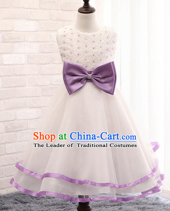 Children Fairy Princess Purple Bowknot Dress Stage Performance Catwalks Compere Costume for Kids