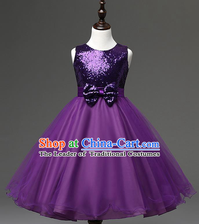 Children Modern Dance Compere Purple Full Dress Stage Performance Catwalks Costume for Kids