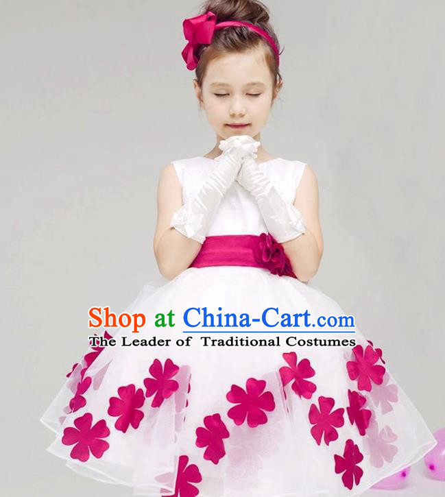 Children Modern Dance Compere Rosy Flowers Full Dress Stage Performance Catwalks Costume for Kids