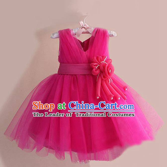 Children Modern Dance Rosy Flower Bubble Dress Stage Performance Compere Catwalks Costume for Kids