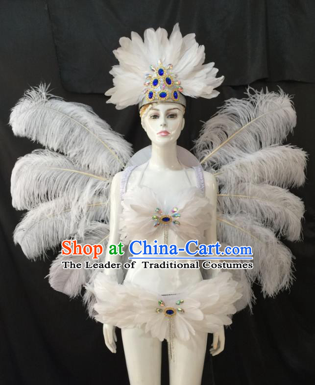 Top Grade Brazilian Carnival Samba Dance Costume Miami Catwalks White Feather Swimsuit and Angel Wings for Women