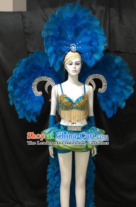 Top Grade Brazilian Carnival Samba Dance Costumes Halloween Miami Catwalks Feather Swimsuit Headwear and Wings for Women