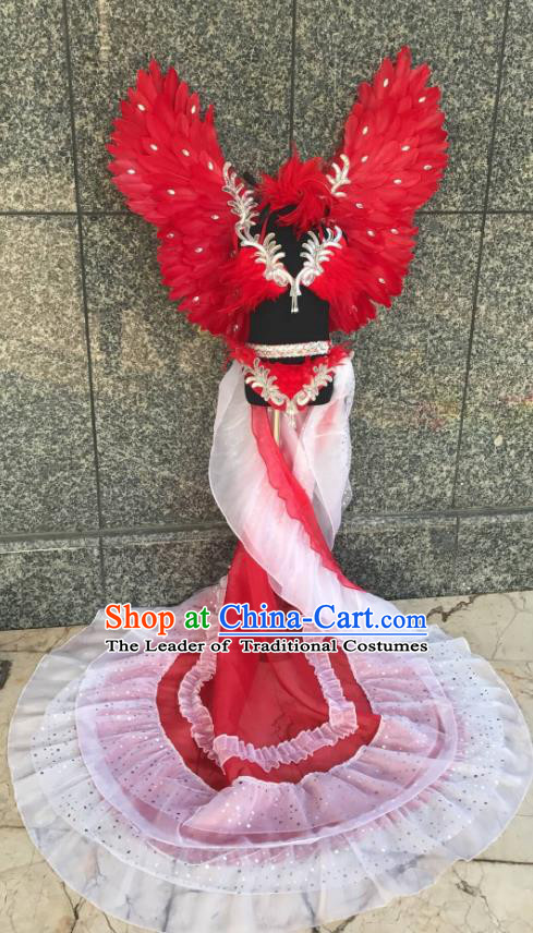 Top Grade Brazilian Carnival Costumes Halloween Catwalks Red Feather Swimsuit and Hair Accessories for Kids