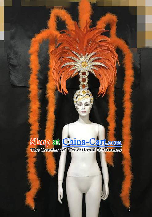 Brazilian Carnival Samba Dance Deluxe Hair Accessories Dionysia Miami Catwalks Orange Feather Headdress for Women