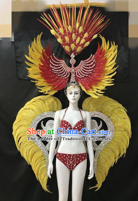 Brazilian Rio Carnival Samba Dance Costumes Halloween Catwalks Swimsuit and Deluxe Yellow Feather Wings Headwear for Women