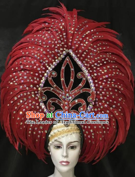 Brazilian Samba Dance Red Feather Hair Accessories Rio Carnival Catwalks Deluxe Headwear for Women