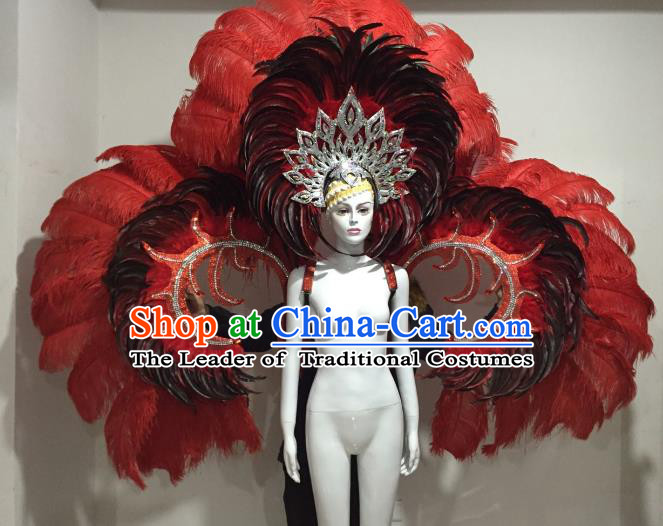 Top Grade Brazilian Catwalks Samba Dance Props Rio Carnival Red Feather Angel Wings and Headwear for Women