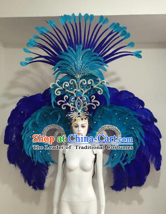 Top Grade Brazilian Catwalks Samba Dance Props Rio Carnival Blue Feather Angel Wings and Headwear for Women