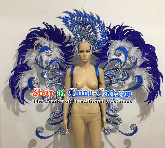 Brazilian Catwalks Samba Dance Props Rio Carnival Blue Feather Butterfly Wings and Headwear for Women