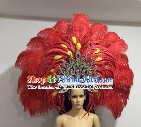 Brazilian Catwalks Hair Accessories Rio Carnival Samba Dance Red Ostrich Feather Deluxe Headwear for Women