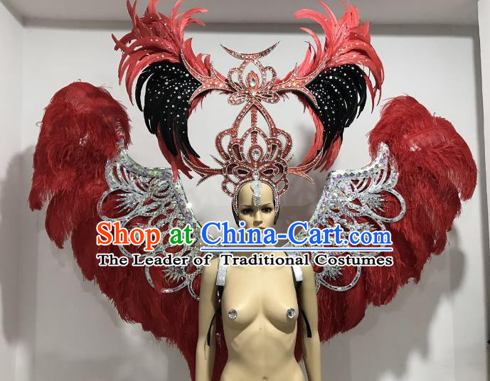 Brazilian Catwalks Props Rio Carnival Samba Dance Red Feather Wings and Headwear for Women