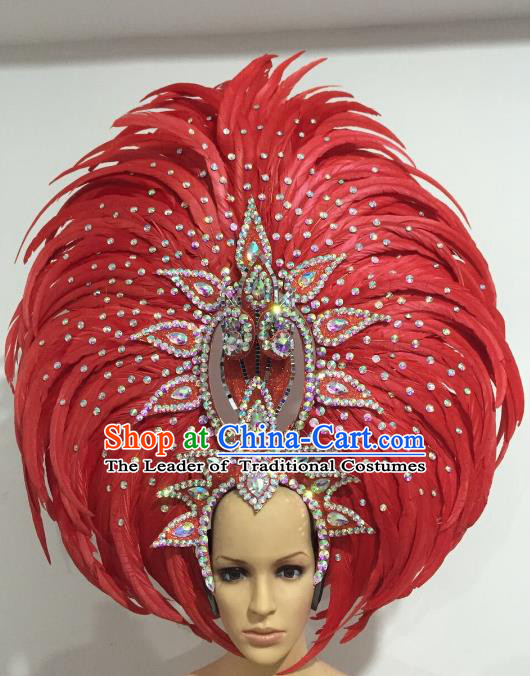 Brazilian Carnival Catwalks Hair Accessories Rio Samba Dance Red Feather Deluxe Headwear for Women