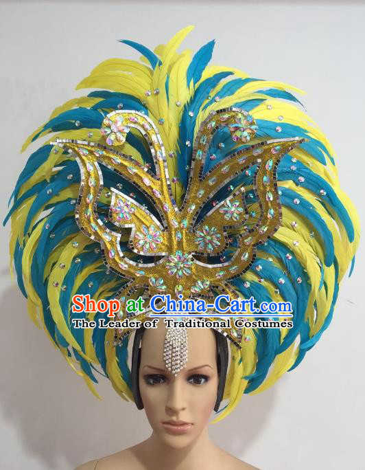 Brazilian Carnival Catwalks Ostrich Feather Hair Accessories Rio Samba Dance Yellow and Blue Feather Deluxe Headwear for Women