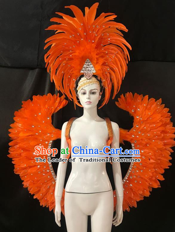 Brazilian Rio Carnival Samba Dance Orange Feather Wings and Headwear for Adults