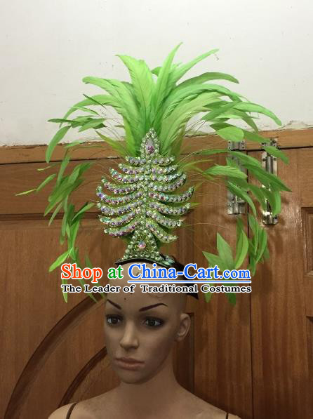 Handmade Samba Dance Deluxe Green Feather Hair Accessories Brazilian Rio Carnival Headdress for Women