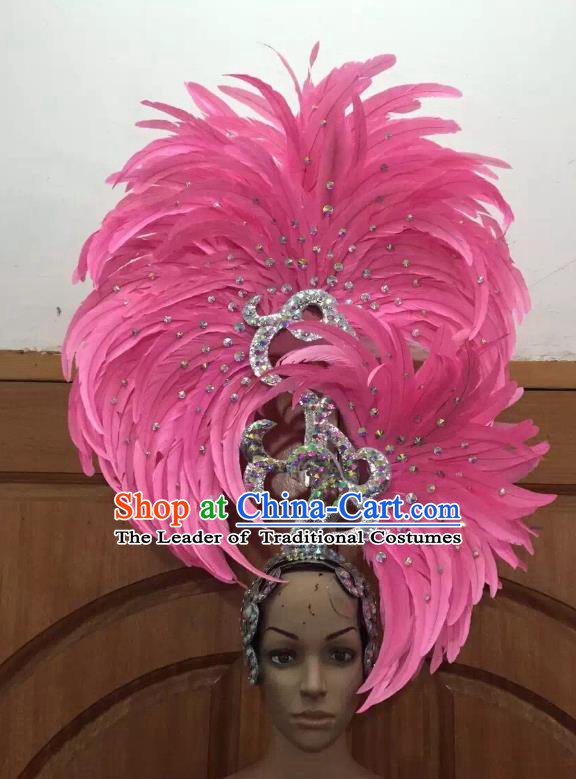 Handmade Samba Dance Deluxe Pink Feather Hair Accessories Brazilian Rio Carnival Headdress for Women