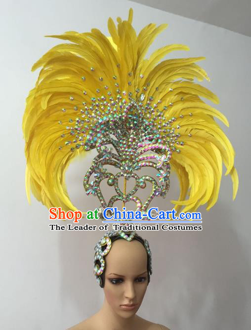 Brazilian Rio Carnival Samba Dance Yellow Feather Headdress Stage Performance Headwear for Women