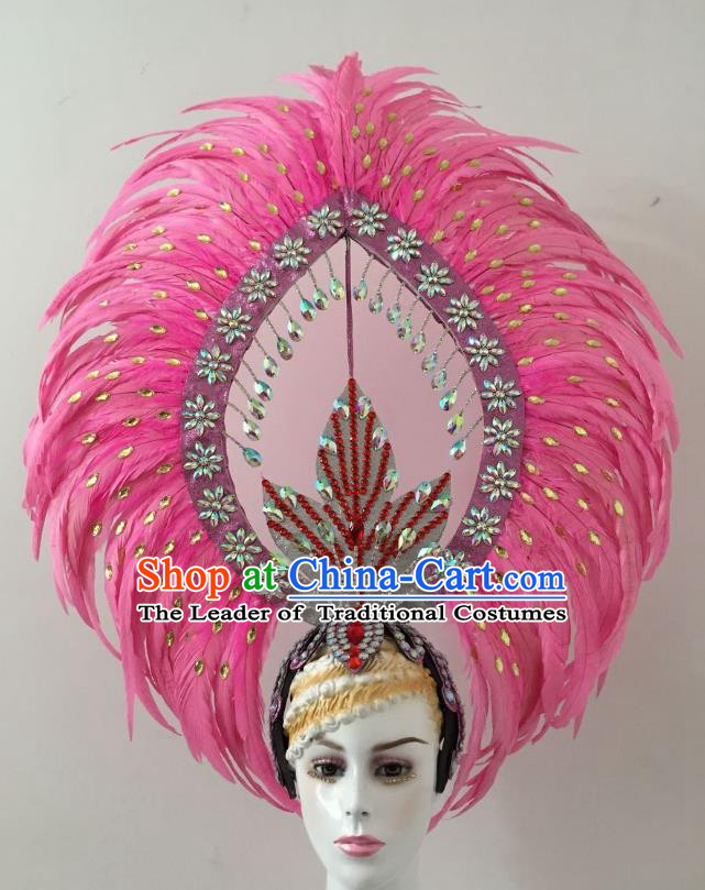 Brazilian Carnival Catwalks Pink Feather Headdress Rio Samba Dance Deluxe Diamante Hair Accessories for Women