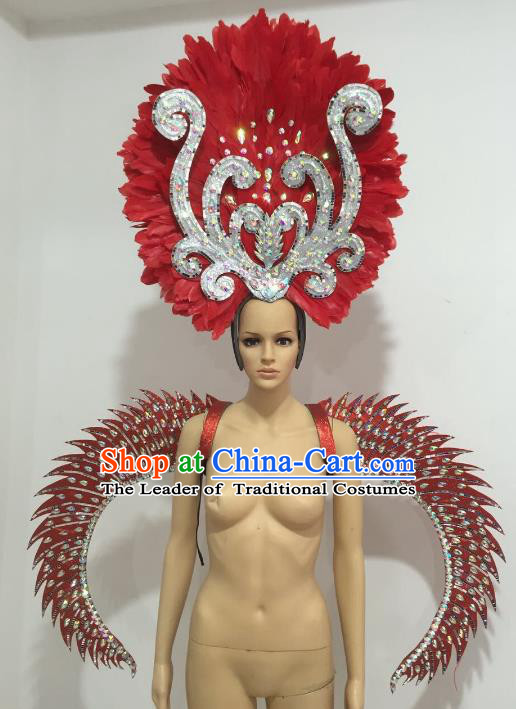 Brazilian Catwalks Headdress and Props Rio Carnival Samba Dance Red Feather Wings and Headwear for Women