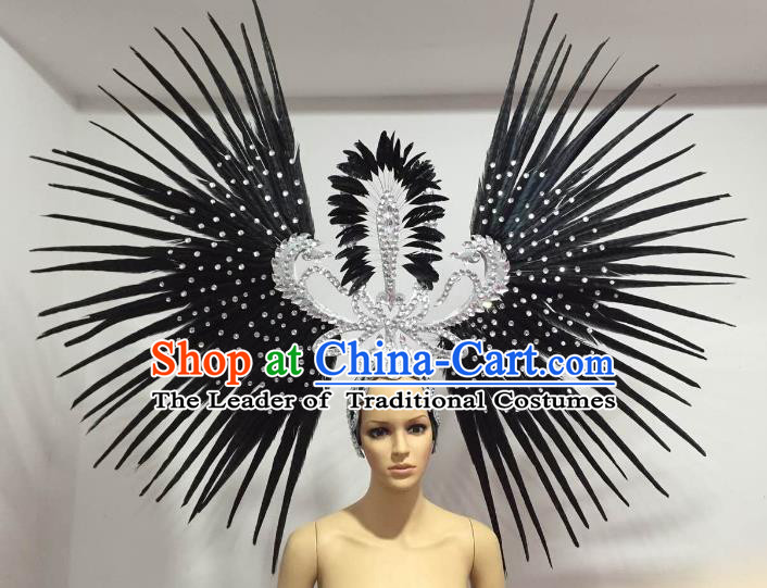 Brazilian Carnival Rio Samba Dance Black Feather Headdress Miami Catwalks Deluxe Hair Accessories for Women