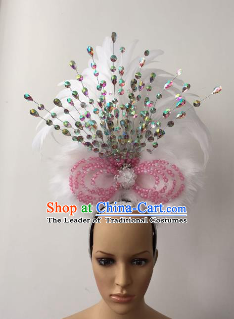 Brazilian Rio Carnival Samba Dance White Feather Deluxe Headdress Stage Performance Hair Accessories for Women