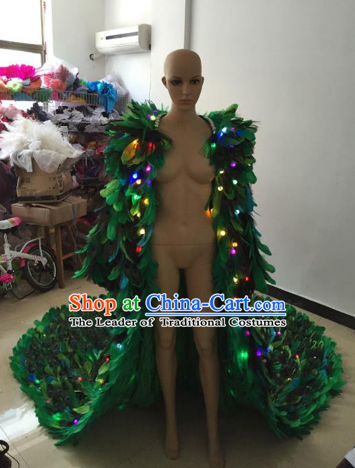 Brazilian Rio Carnival Samba Dance Costumes Catwalks Green Feather Trailing LED Clothing for Women