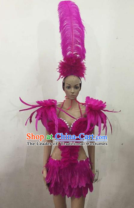 Brazilian Rio Carnival Samba Dance Costumes Catwalks Purple Feather Swimsuit and Headdress for Women