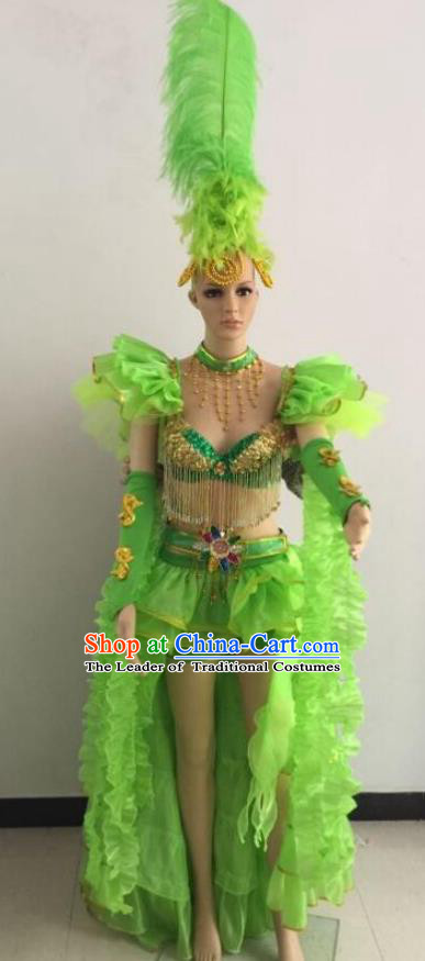 Brazilian Rio Carnival Samba Dance Costumes Catwalks Swimsuit and Green Feather Headdress for Women