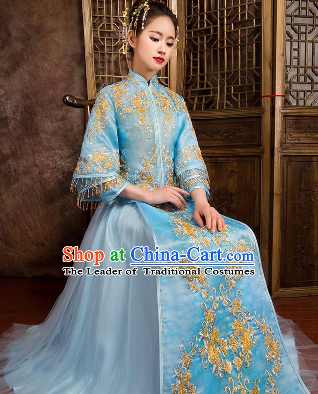 Traditional Chinese Bridal Costumes Ancient Bride Wedding Embroidered Blue XiuHe Suit for Women