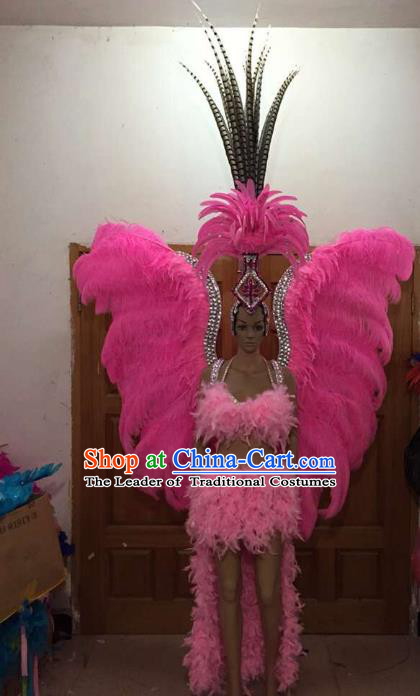 Brazilian Rio Carnival Samba Dance Pink Feather Costumes Catwalks Wings Swimsuit and Headdress for Women