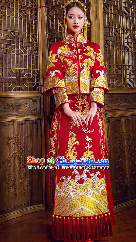 Traditional Chinese Bridal Wedding Costumes Ancient Bride Red Embroidered Dragon Phoenix Longfeng Flown XiuHe Suit for Women