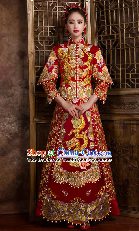 Traditional Chinese Bridal Costumes Ancient Bride Wedding Embroidered Pearls XiuHe Suit for Women